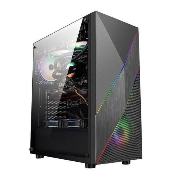 ETEK - PC 미드 타워 케이스 ARGB LED 스트립과 함께 불규칙하고 Mesh 전면 패널, 온화 유리 측면 패널, 상위 I / O 패널