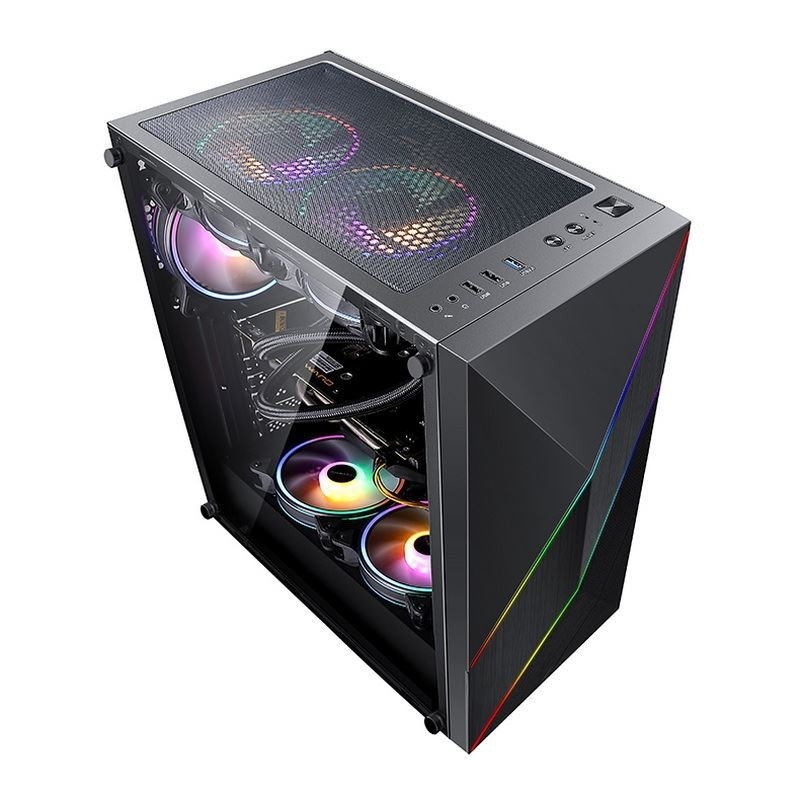 ETEK - PC 미드 타워 케이스 ARGB LED 스트립과 함께 불규칙하고 Mesh 전면 패널, 온화 유리 측면 패널, 상위 I / O 패널