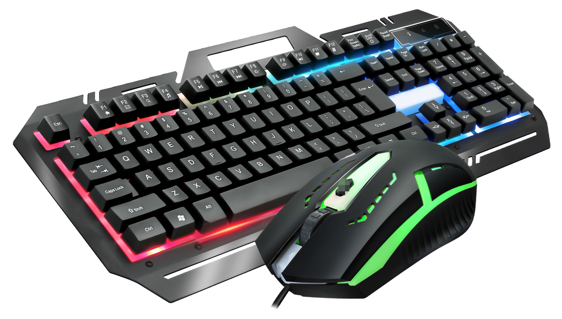 금속 게임 키보드 104 키 FN+F1-F12 기능 LED 백라이트 게임 마우스 조정 가능한 DPI (500-1500) RGB 조명