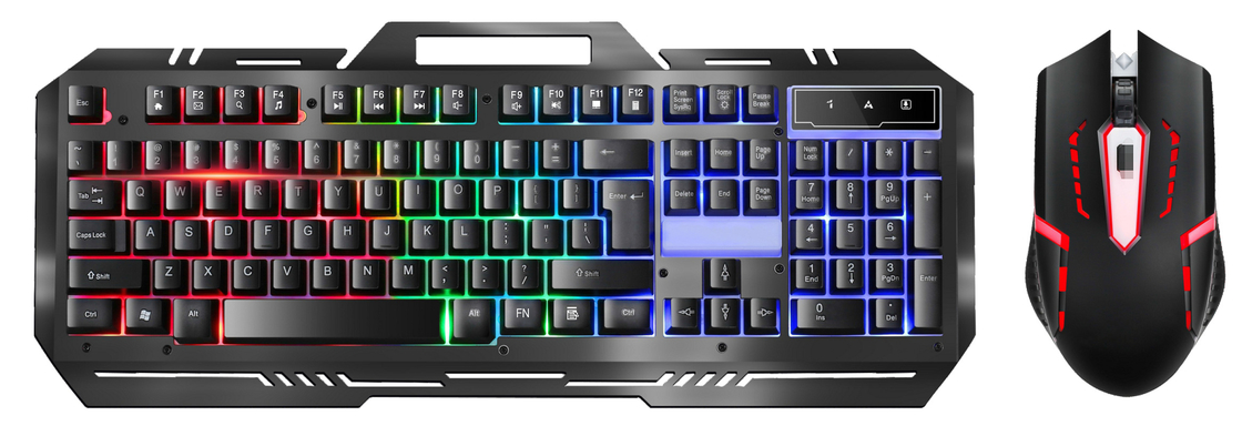 금속 게임 키보드 104 키 FN+F1-F12 기능 LED 백라이트 게임 마우스 조정 가능한 DPI (500-1500) RGB 조명