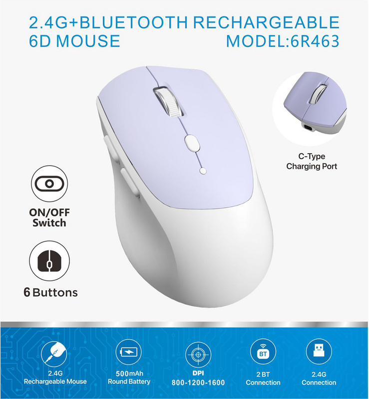 6D, 2.4G 연결, 800-1600 DPI, 500mAh 둥근 배터리, C 타입 인터페이스