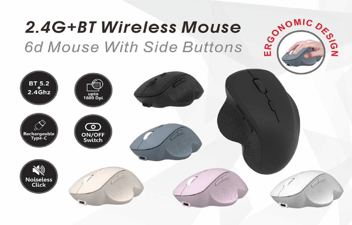 사이드 버튼이 있는 6D 마우스,2.4G, 블루투스 5.2에르고노믹한 디자인 1600 DPI까지 노이즈 없는 클릭, 사무실 직원, 디자이너, 게이머