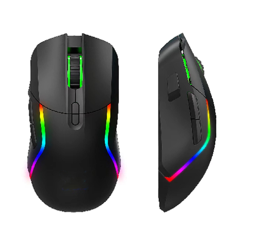 이 2.4G 무선+블루투스 RGB 게이밍 마우스는 8개의 버튼, 1200-3200DPI 조절, 3.7V/600mA 배터리를 갖추고 있습니다.
