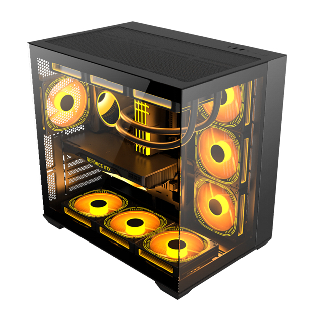 컴퓨터 케이스는 0.6mm SPCC 강철과 양면 강화 유리를 사용하여 EATX/ATX/Micro-ATX/Mini-ITX/BTF 마더보드를 지원합니다.