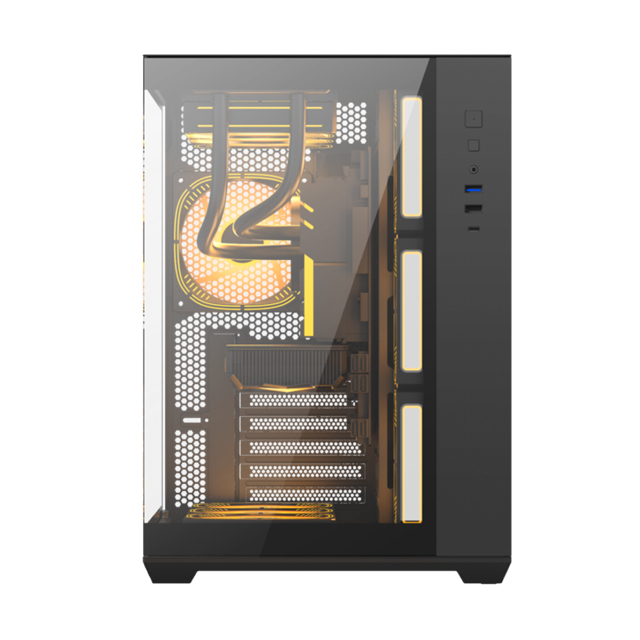 컴퓨터 케이스는 0.6mm SPCC 강철과 양면 강화 유리를 사용하여 EATX/ATX/Micro-ATX/Mini-ITX/BTF 마더보드를 지원합니다.