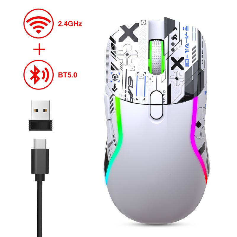 듀얼 모드 무선 RGB 게임 마우스2.4G + 블루투스, 3200 DPI,8 버튼, 600mAh 배터리, C형 재충전, ABS, 레이저 프린팅