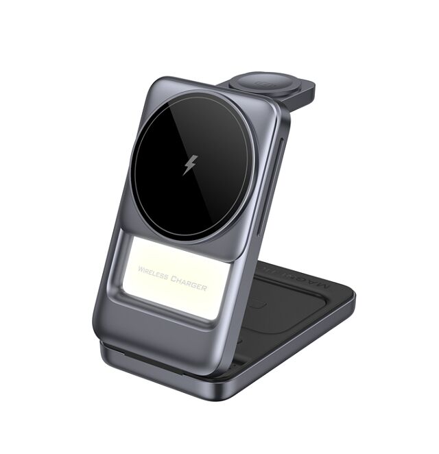 폴더블 3인1 무선 충전기, 블루/그레이, 실버/그레이, 플라스틱+금속, 15W 전화, 2.5W 시계, 5W 귀기, 나이트 라이트