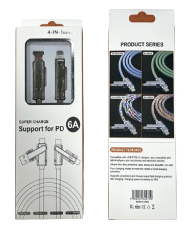 투명한 고속 충전 케이블,65W C-C, 27W C-L, 5 코어 구리, LED 표시기