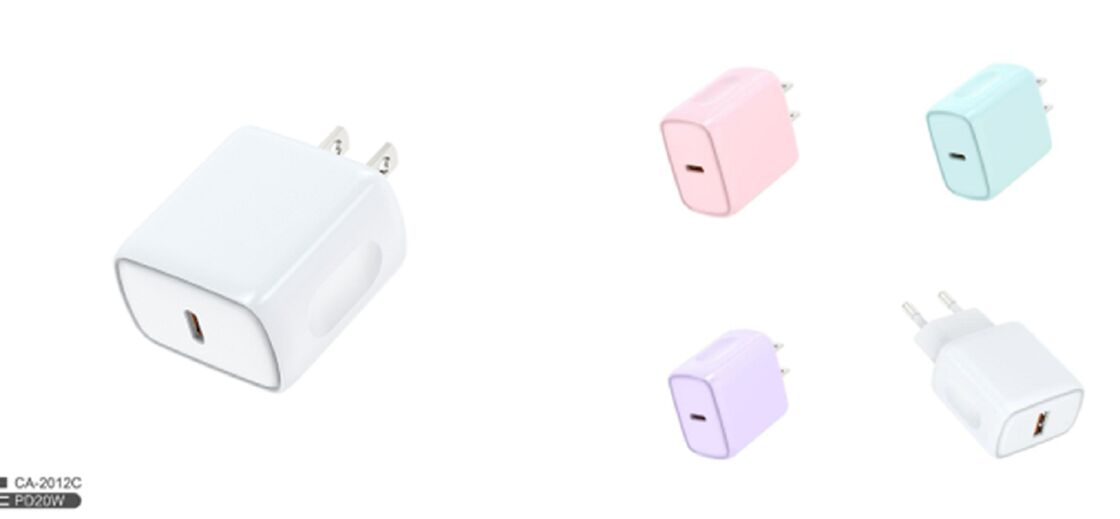 20W PD USB-C 충전기, 미국 플러그, 100-240V 글로벌 입력, 빨강/보라/파랑/흰색
