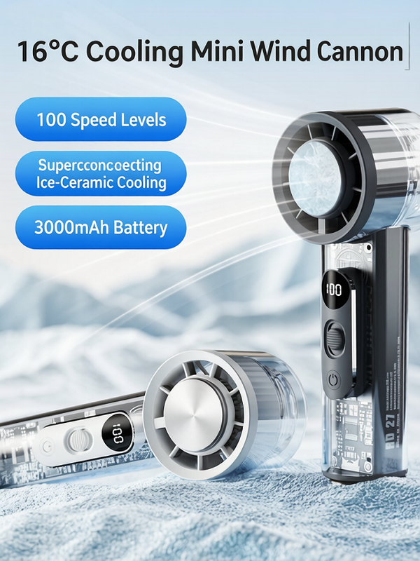 휴대용 반도체 냉각 핸디 선풍기, 100단계 조절, 디지털 디스플레이, 3000mAh 타입-C, 거치대 및 고리 포함